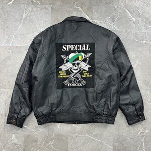 Special Forces Jacket Mens XL Leather Coat Military Patch Skull Green Beret